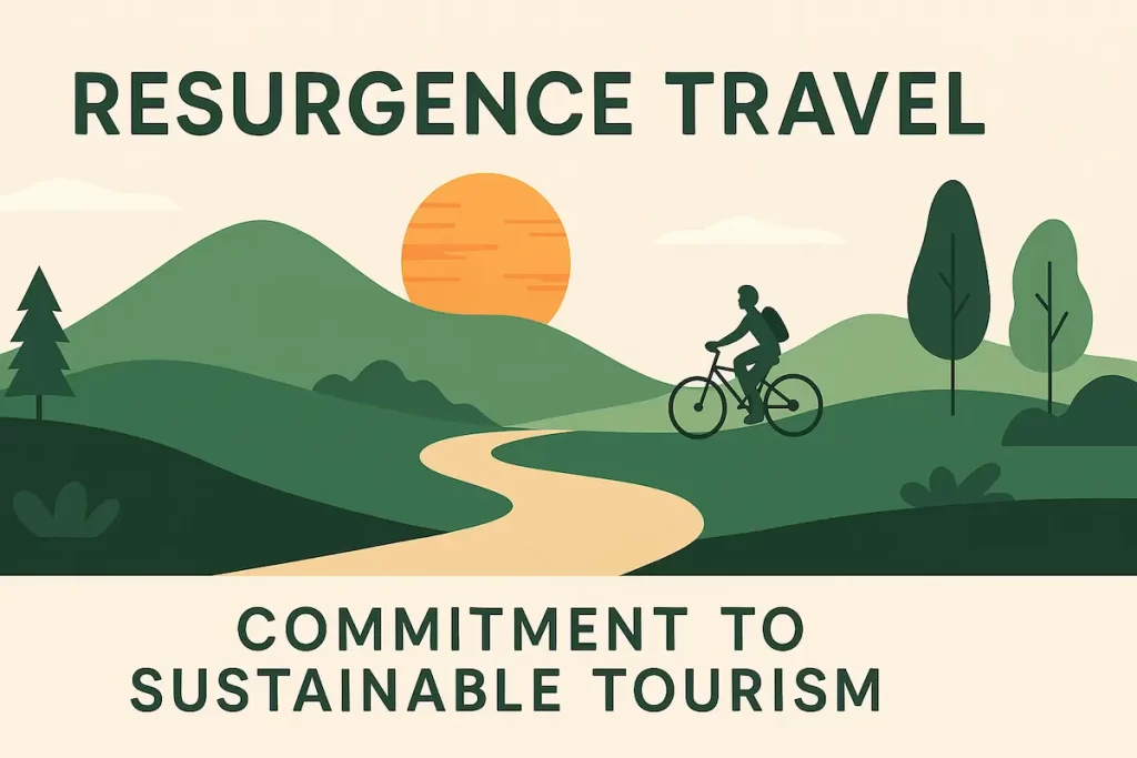 Resurgence Travel commitment to sustainable tourism illustrated through nature, cycling, and eco-friendly travel imagery