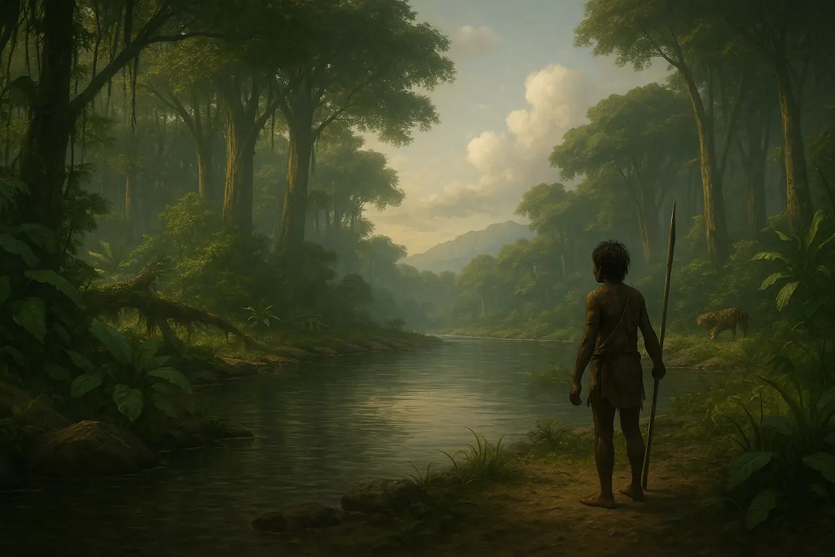 Ancient hunter standing near a river surrounded by dense tropical jungle, representing Patong 50,000 years ago