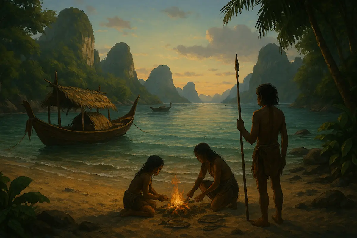 Sea People of Patong cooking on the beach near traditional longtail boats at dusk, 1500 BCE - discovering the history of Patong Beach 