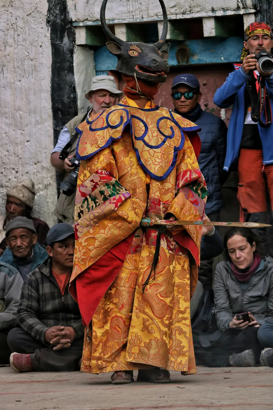 Traditional masked dance during a festival in Lo Manthang, Upper Mustang, Nepal